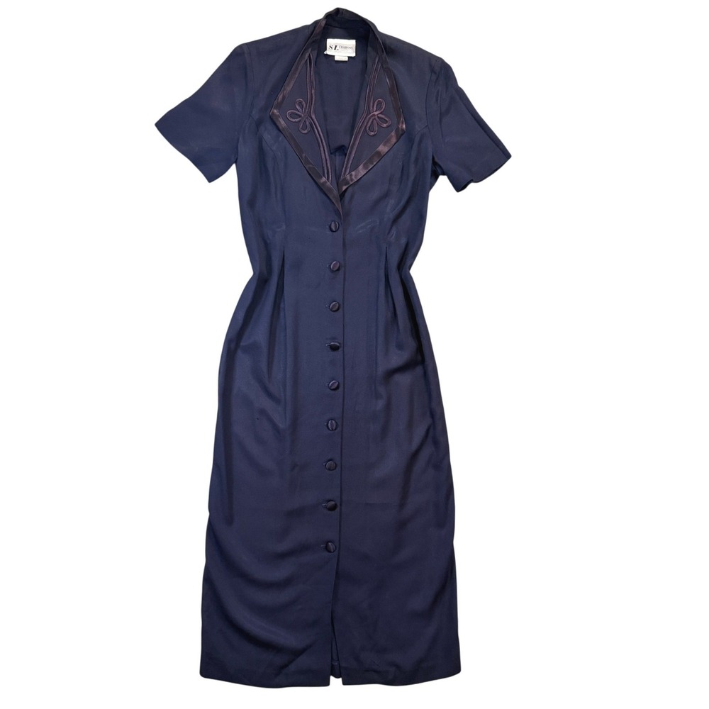 Vintage SL Fashions Navy Maxi Dress Satin Trim Buttons 90s Old Hollywood Size 8